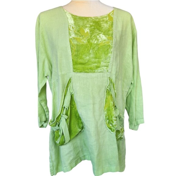 Dear Friends Boho Linen Top Vintage Women's Sz Medium Burnt Velvet Accents - Picture 1 of 14